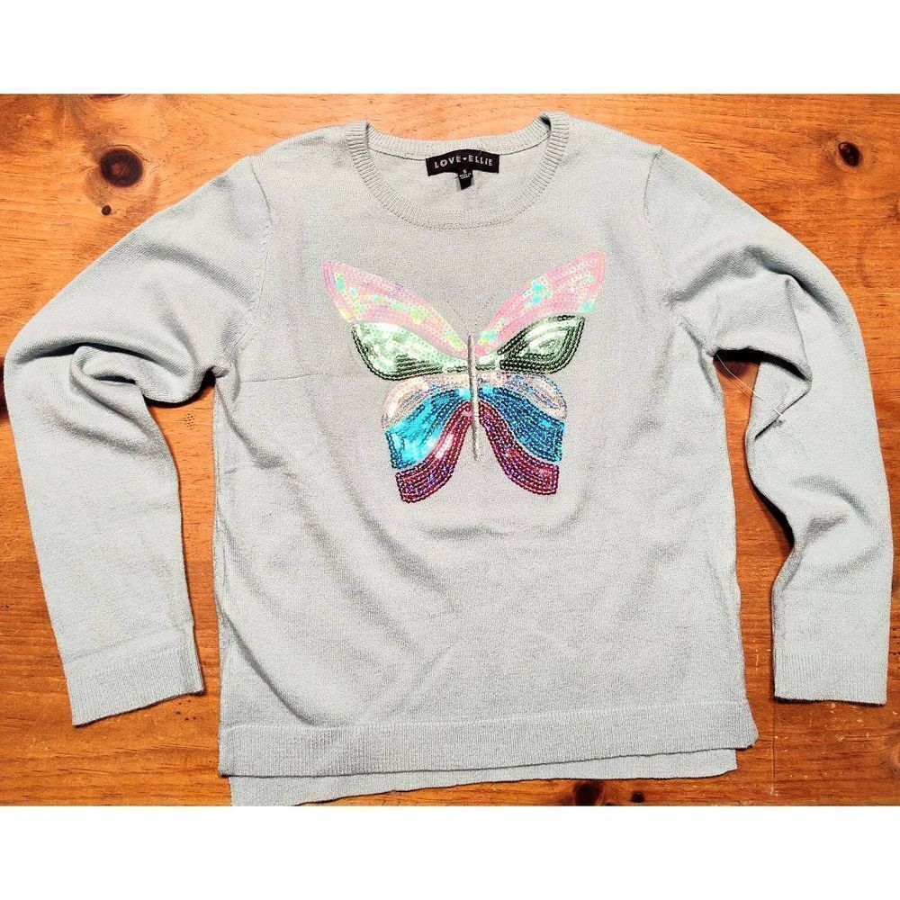 Love Ellie Seafoam Green Sequin Butterfly Sweater Childs Small Nwd